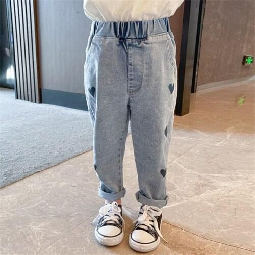 2-7T Jeans For Girls Toddler Kid Baby Girl Clothes Spring Autumn Heart Print Denim Pants Elegant Cute Sweet Lovely Child Trouser