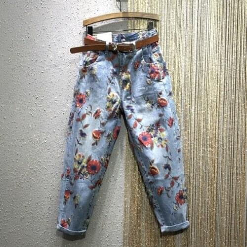 Flower Jeans Woman 2020 Spring New High-Waist Loose-Fit Pants Personality Printed Denim Harem Pants Womens Jeans Jean Femme