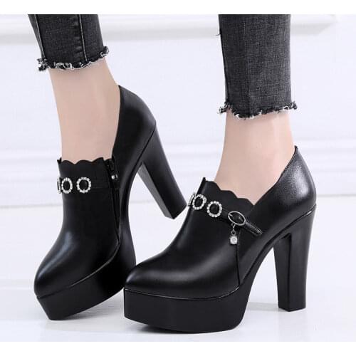 Fall Winter Block Heels Pumps Women Shoes 2021 Deep Rhinestone High Heel Shoes 12cm Black Office Shoe Platform Plus Size 32-43