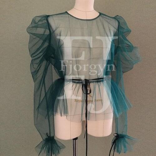 2021 Fashion See Through Tulle Crop Top Long Sleeve Custom Made Womens Party Top Dark Green Ton Traf with Shrinkable Belt