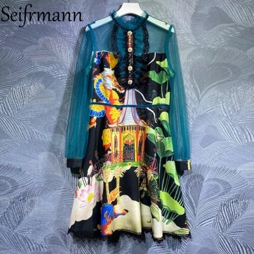 Seifrmann New 2021 Summer Women Fashion Runway Party Midi Dress Lantern Sleeve Gorgeous Lace High Waist Vintage A-Line Dresses