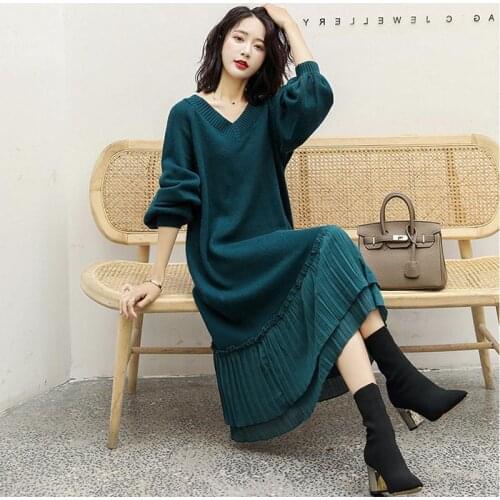 Knit Dress Womens 2021 Autumn and Winter New Long-sleeved Temperament V-neck Loose Long Slim Simple Sweater Dress