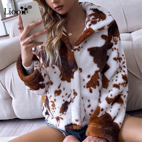 Winter Streetwear Fleece Coat Thick Warm Cardigan Turn Down Collar Button Up Print Jackets Women Autumn Casual Outerwear 2021