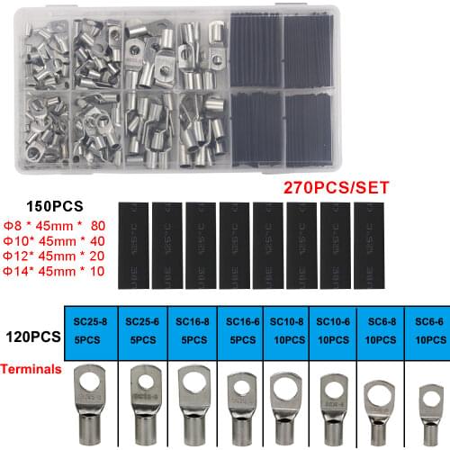 60/90/120/250/270 PCS Various Copper Ring Terminal Wire Crimp Connector Seal Battery Wire Terminals Connectors Kit