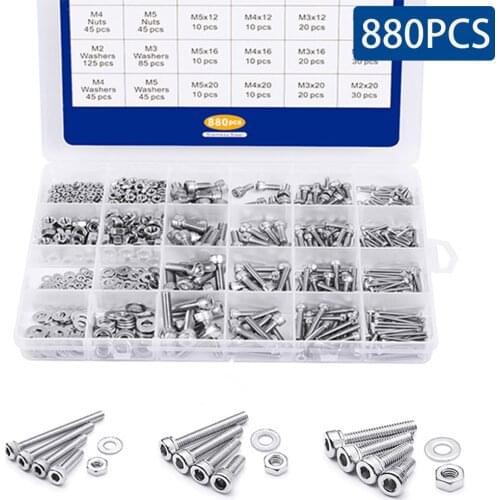 880PCS/Box M2-M5 M3 Stainless Steel Hexagon Hex Socket Head Cap Allen Bolt Screw With Nuts Washers Machine Screw Assortment Kit