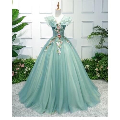 100%real light green embroidery ball gown Medieval Renaissance Gown queen costume Victorian dress Marie Antoinette/ Belle ball