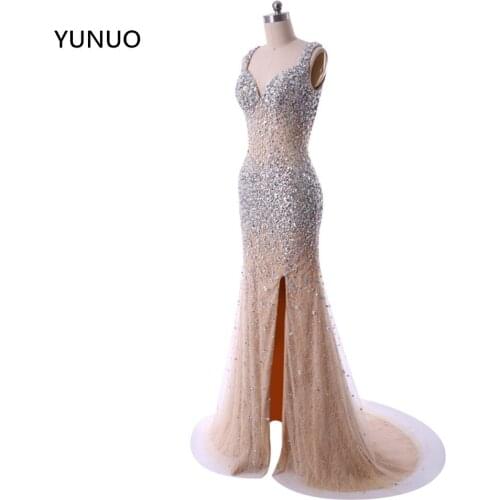 YUNUO Long Evening Dresses Vestido de festa New Fashion Sweetheart High Slit Sheer Crystal Beaded Open Front Formal Dress