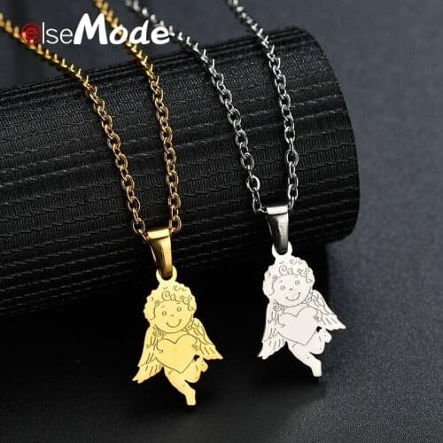 ELSEMODE Simple Angel Wings Love Heart Necklace 316L Stainless Steel Pendant Necklaces Amulet Jewelry Boys Girls Charm Gifts