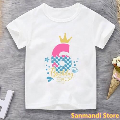 2th-9th Birthday Gift Tshirt Tops For Girls Mermaid Crown T Shirt Kids Clothes Harajuku Kawaii Children Clothing T-Shirt Girl