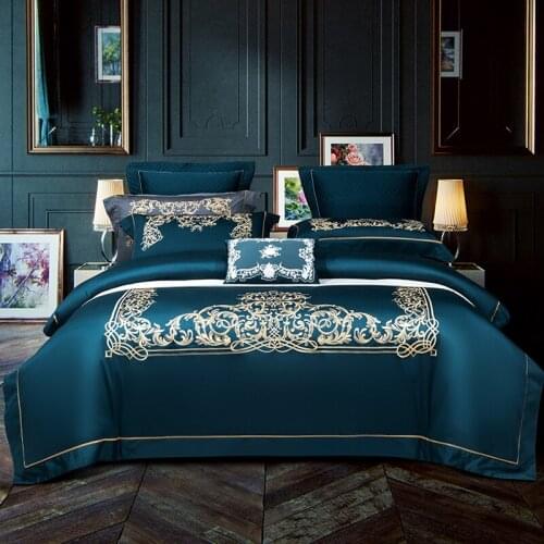 4/6Pcs Embroidery Blue Cotton Bedding Set Luxury High Qulity Linens And Bedspread Duvet Cover 220*240