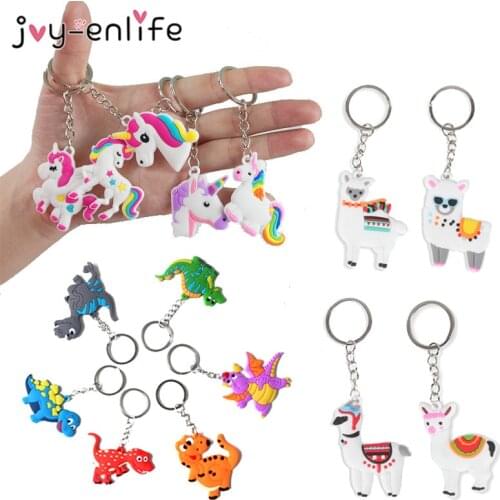 Cartoon Unicorn Llama Dinosaur PVC Key Chain Ring Kids Birthday Party Decoration Gift Animal Keychain Unicorn Dino Party Decor