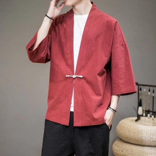 2021 Spring New Mens Cotton Linen Japanese Kimono Seven-Sleeve Single Button Robe Jacket Coat Mens Chinese Style Hanfu Jacket