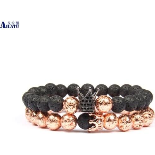 New Couples Micro Pave Cz Charm Crown Sets Bracelets Wholesale 8mm Natural Lava Stone Beads Rose Gold Plated Drop Ship Jewelry