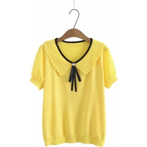 Plus size Bow icing silk lace short sleeves loose women tshirts 2021 summer white black yellow ladies t shirts female tees top