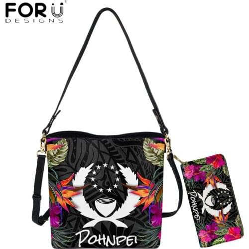 FORUDESIGNS Luxury Women PU Leather Bucket Bag And Purse Pohnpei Hawaii Polynesian Hibiscus Printing Shoulder Bolsa Totes Sac