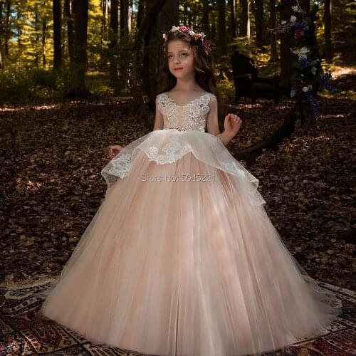 Pink Flower Girl Dresses O-neck Sheer Back Ball Gown Lace Appliques Sleeveless Girls Holy First Communion Gowns Vestidos Longo