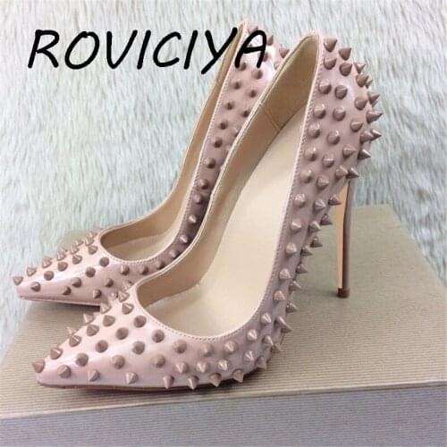 Apricot 12cm high-heeled brand fashion pointed toe rivet shoes women exquisite ladies party shoes MD008 ROVICIYA