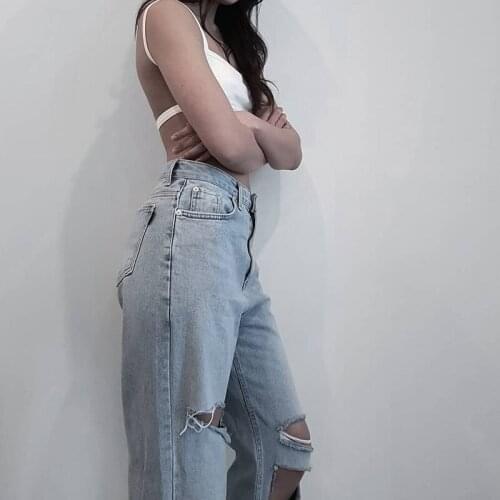 2021 Trendy Solid Color Irregular Ripped Hole Jeans Women Ladies Korean High Waist Chic Streetwear Denim Pants with Pocket