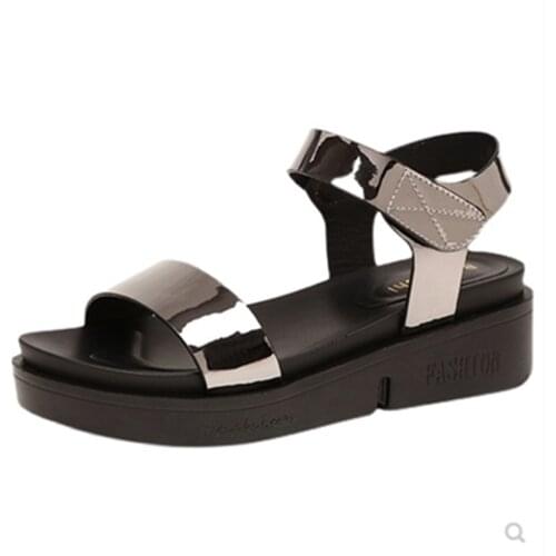 Women Microfiber Sandals With Platform Thick Sole Flats Shoes Hoop & Loop Solid Color High Quality Fashion American Style Gold 9