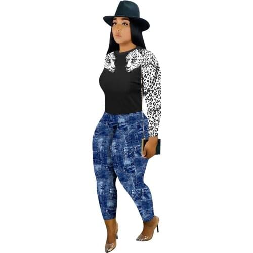 Casual Two Piece Set Women Tracksuit Leopard Print Long Sleeve Crop Top and Blue Pants Sexy Joggers Set Fall Spring Clothes 2021