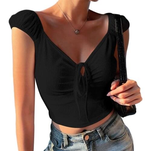 2020 Newest Trendy Womens Sexy Short Sleeve Solid Deep V-neck Crop Top T-shirt Summer Fashion Lace-Up Pleated Knitted T-shirt