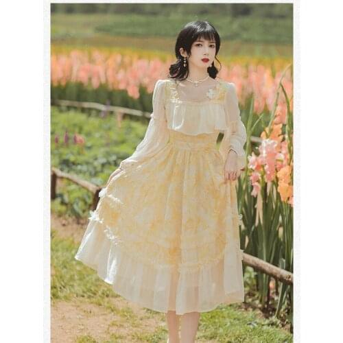 Fall Women Party Dress Elegant Female Ruffled Square Collar Feminine Sweet Mesh Embroidery Puff Sleeve Fairy Dress Vestidos