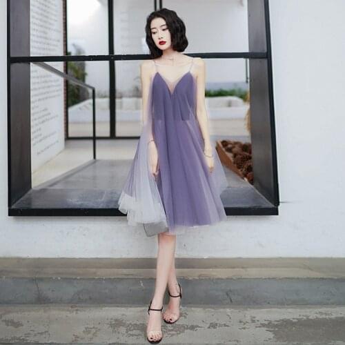 Purple Elegant Sling Evening Dress Female Fairy Fantasy Forest Purple Floating Yarn Banquet Host Short Luxury Prom Dress A253