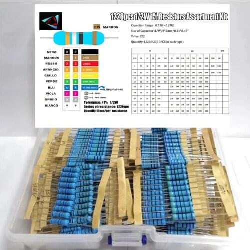 500Pcs 1/2W 1% 50Values 1.2R-1M ohm 0.5W Metal Film Resistors Assorted Kit
