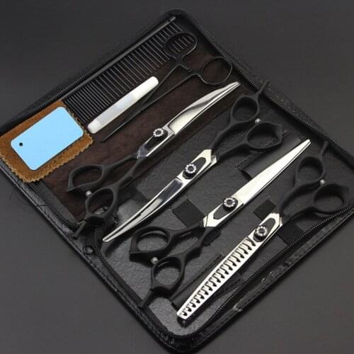 6 kit Professional Japan 7 inch black pet dog grooming shears cutting hair scissors dog thinning barber hairdressing scissors