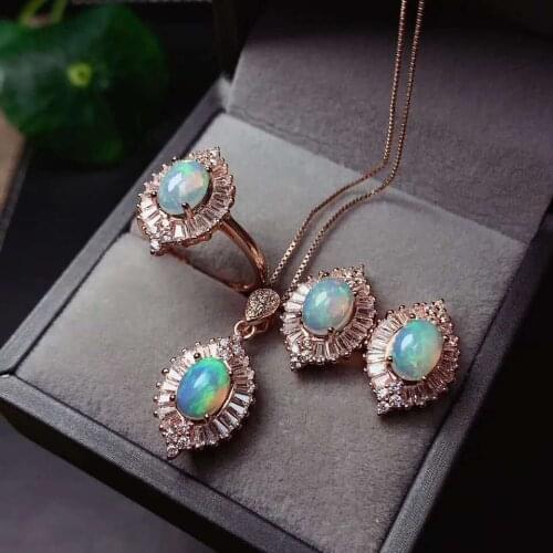 Free Shipping Natural Opal jewelry set Natural Real Opal 925 sterling silver 1pc pendant,1pc ring,2pcs Earring