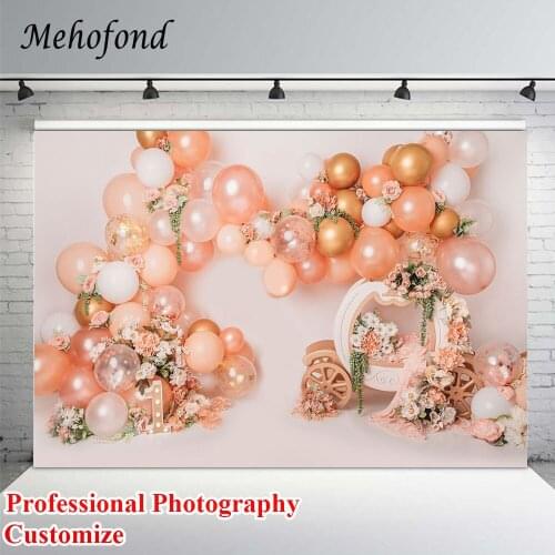 Girl 1st Birthday Backdrop For Photography Cake Smash Balloons Decor Floral Pumpkin Carriage Photo Background Studio Photocall