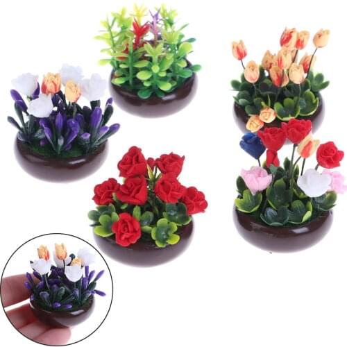 1/12 Dollhouse Miniature Multicolor Flower Bush With Wood Pot （Random color)