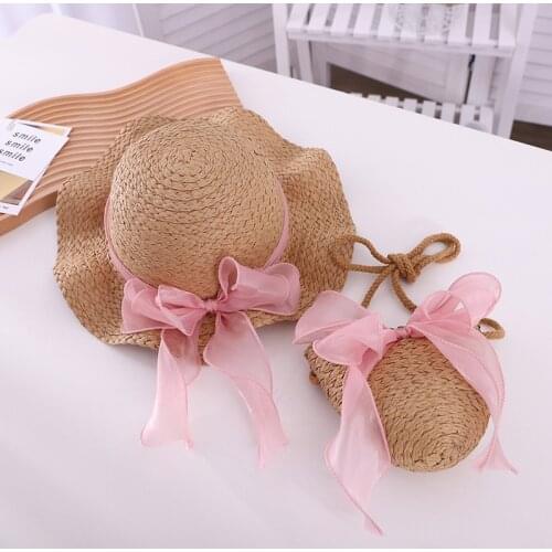 2021 Little Girls Fisherman Hat Summer Bag Set Toddlers Cute Cartoon Little Princess Sun Protection Straw Cap + Messenger Bag