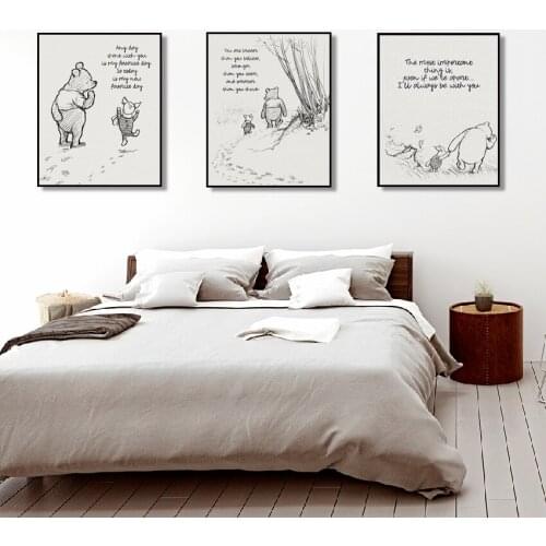 Minimalist Cute Black White Winnie The Pooh Quote Cartoon Movie Art Wall Painting Kids Room Wall Decoration Canvas Print Poster