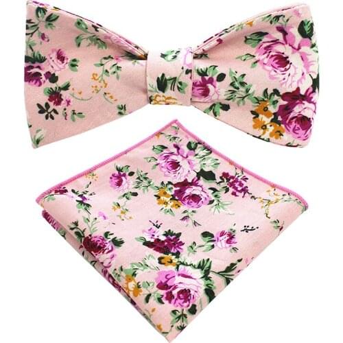 Ricnais Fashion Cotton Adjustable Bowtie & handkerchief Set Red Bule Floral Hanky Bow Mecktie For Men Business Wedding Neckties