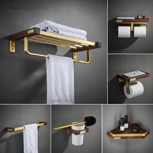 Bathroom Accessories Set Toilet Brush Holder,Corner Shelf ,Paper Holder,Towel Holder,Hooks Wood Gold bathroom Hardware set