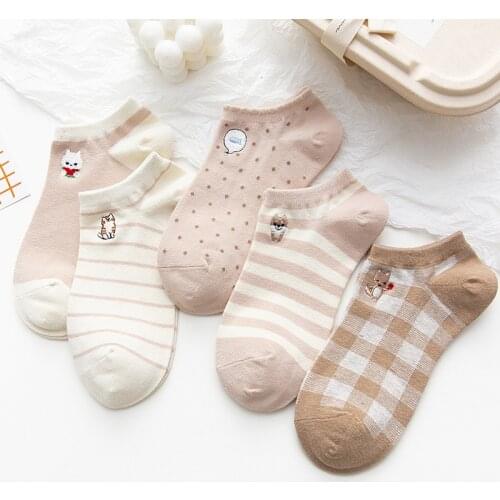 Boat Socks Women Cartoon Printed Animal Fox Cat Kawaii Cute Short Socks Slippers Breathable Striped Invisible Sock medias cortas