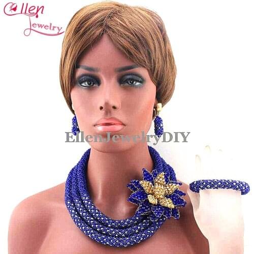 Latest Royal Blue Beauty Jewelry Set African Bride Crystal Floral Costume Necklace Set Flower Brooch Free Shipping E1012