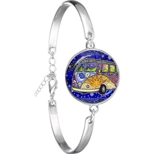 New Vintage Hippie Peace Sign Van Bus Bracelet Fashion Men Women Purse Bag Car Chain Bangle Jewelry For Women Men Gift