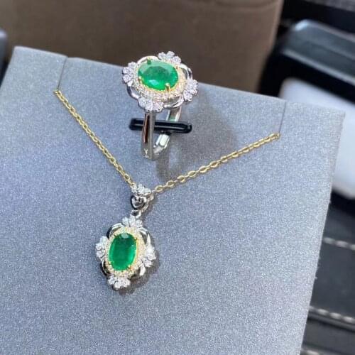 Engagement Best Gift Emerald Jewelry set Natural And Real Emerald Set 925 sterling silver Fine jewelry 1pc ring,1pc Pendant