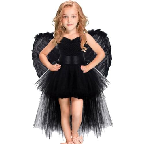 Solid Black Angel Halloween Costumes Kids Girls Tutu Dress Long Tail Length Dresses Devil Costume Cosplay Outfits Unicorn Wings