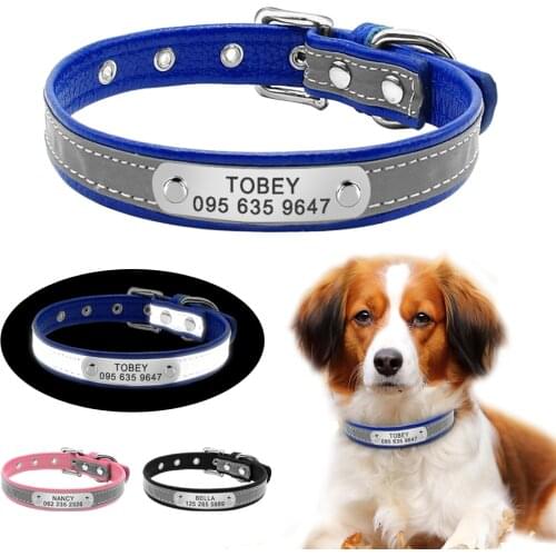 Personalized Leather Engraved Dog Collar Cat Puppy Collars Reflective Padded Custom Nameplate Phone ID Tag Collar Small XS S M