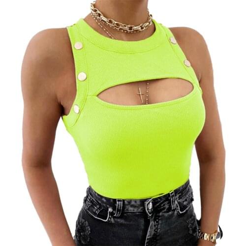 Sexy Women Chest Hollow Buttoned Top Blouse Slim Sleeveless Round Neck Vest