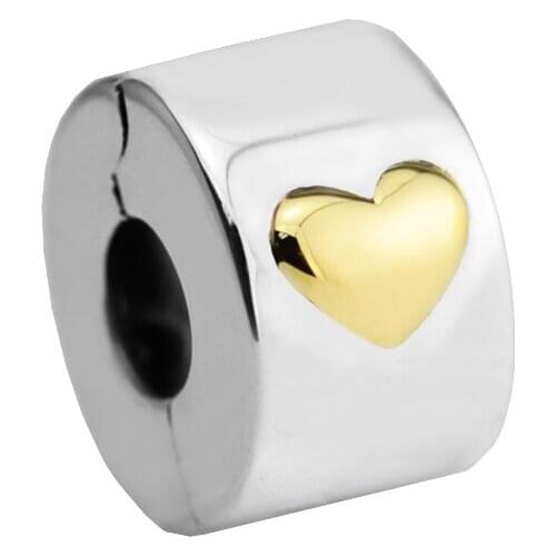 Fits for Pandora Charms Bracelets Classic Heart Clip Beads 100% 925 Sterling Silver Jewelry with real Golden Color Free Shipping