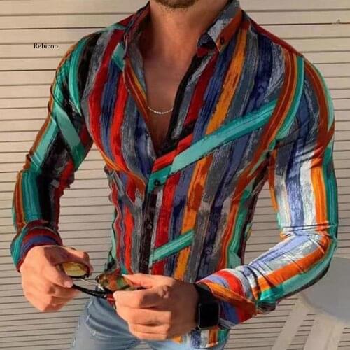 New Autumn Mens Long Sleeve Shirt Lapel Stripe Fashion Shirt Casual Loose Color Shirt Single Breasted Comfortable Oversize