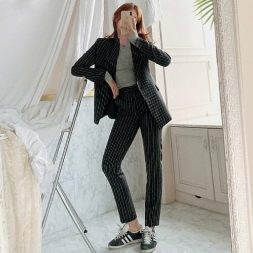 Women Suits Vintage Striped Women Pant Suit Jacket & High Waist Pencil Pant Female Blazer Set Office Wear