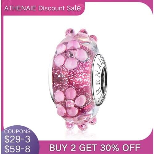 ATHENAIE 100% 925 Sterling Silver Pink Murano Glass Beads Flower Charms Fit Women Bracelet & Bangle Necklace Jewelry Girl Gift