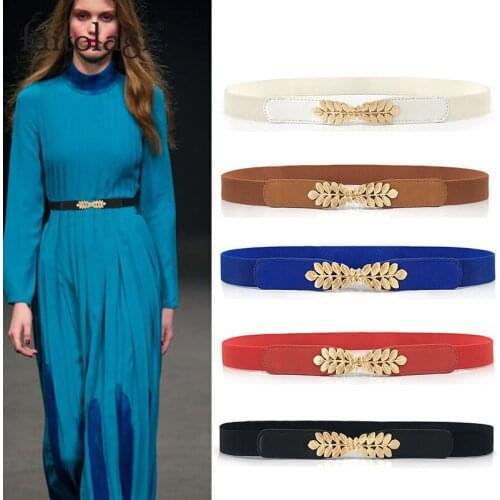 Leaves Buckle Women Waist Belt Elastic Ladies Belt for Dress Thin Shiny Skinny Leather White Black Blue Female Belt pasek damski