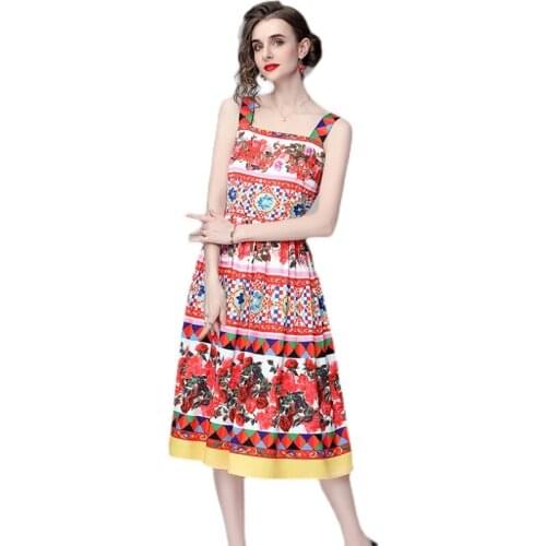 Runway Designer Dress Summer Women Luxury Rose Floral Print Spaghetti Strap Midi Dresses Party Vestidos Robe Femme k1552