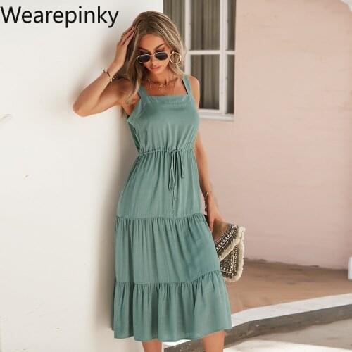 Bohemian Spaghetti Strap Pure Color Dress for Women 2021 Summer Flounced Edge Sleeveless Fashion Light Green Dresses